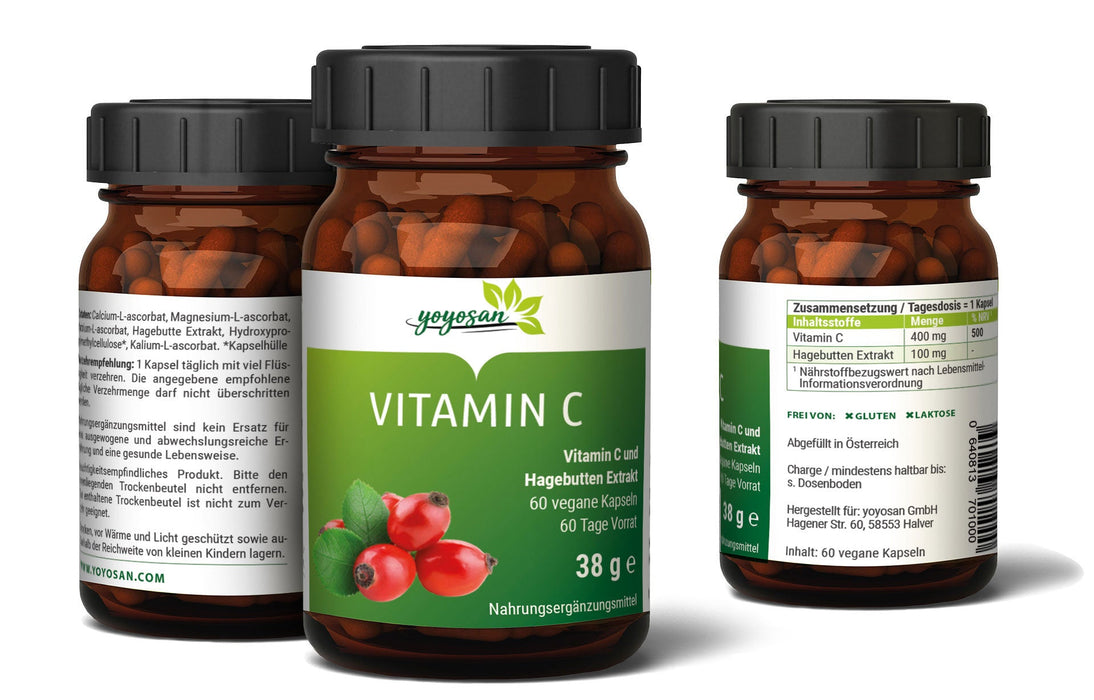 Vitamin C plus Hagebutte - 60 Kapseln für zwei Monate - yoyosan